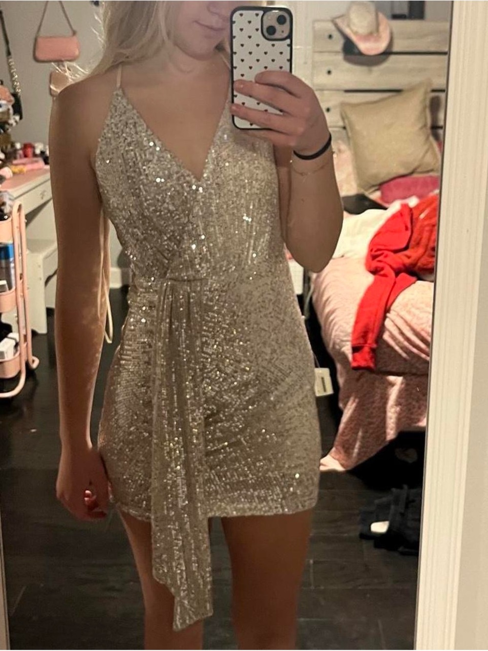 Luxxel Champagne Sequin V-Neck Mini Dress